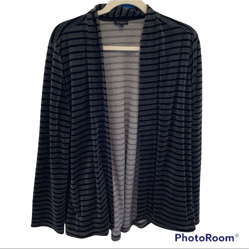 Talbots Black and Gray Striped Open-Front Cardigan